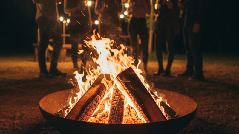 Feuerschale im Vordergrund mit Flammen und Menschen stehen im Hintergrund.